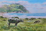 cattle grazing on Jiqi Beach painted by Lai Ying-Tse